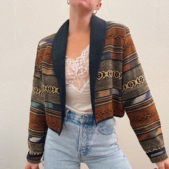 Vintage 1980s/90s Boho Woven Cotton Tapestry Crop Blazer Jacket - Picture 5 of 6